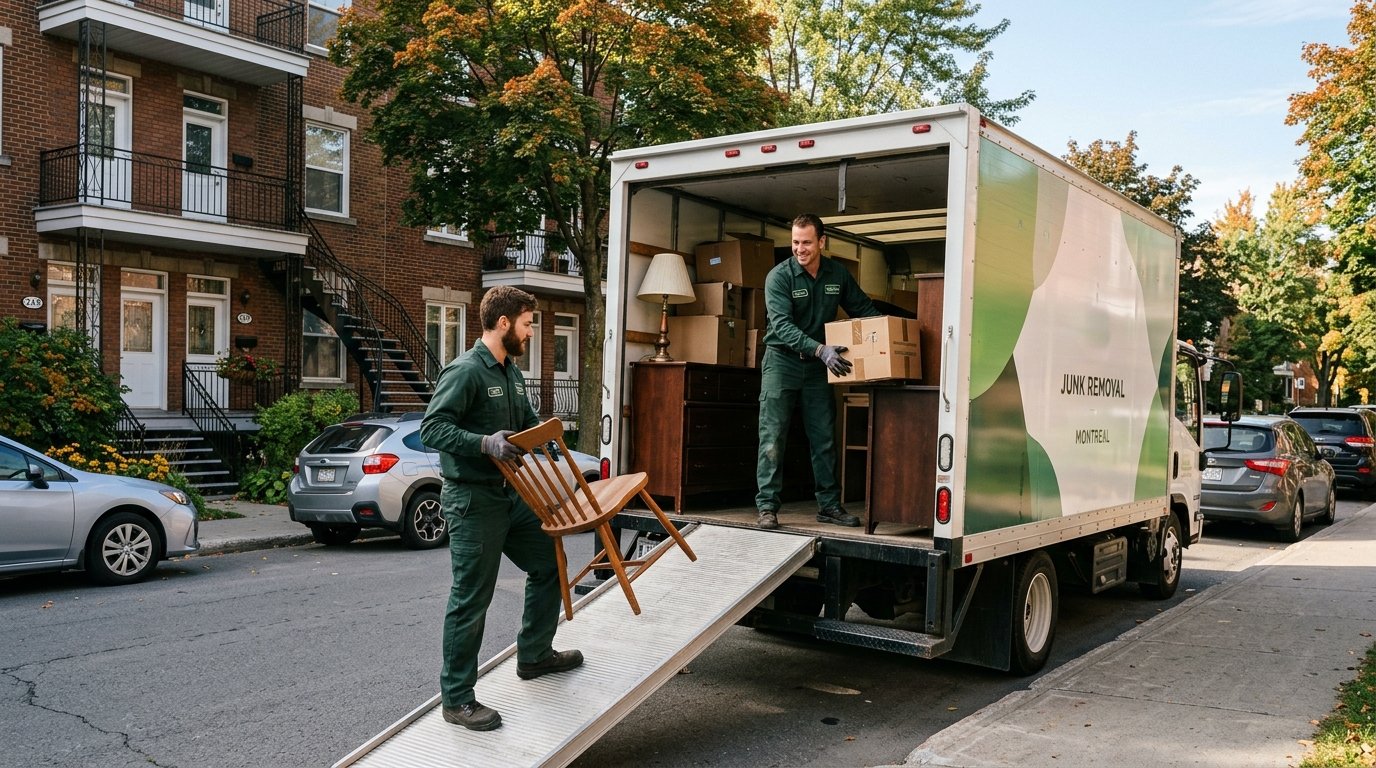 Équipe Good Bye Junk Montréal chargeant un camion de ramassage