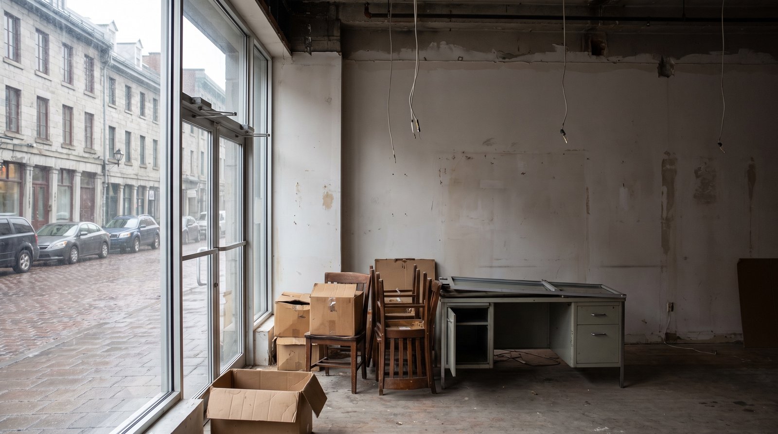 Empty commercial space in Montreal cleared of furniture and boxes, ready for lease handover