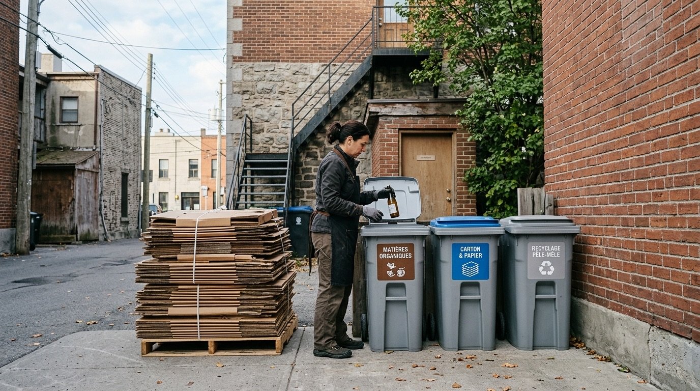 Small business owner in Montreal sorting commercial waste and recycling bins before pickup