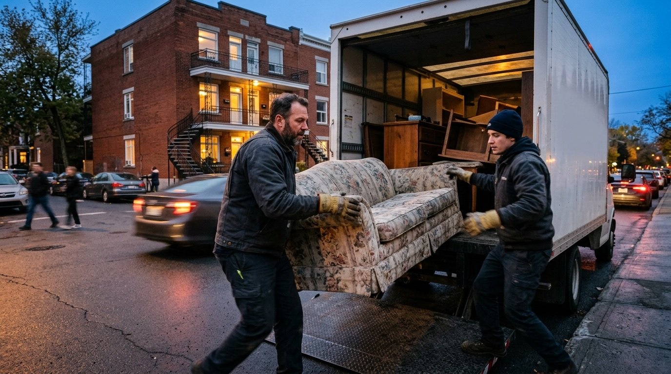 Crew loading a truck quickly during a 24-48h emergency cleanout in Montreal