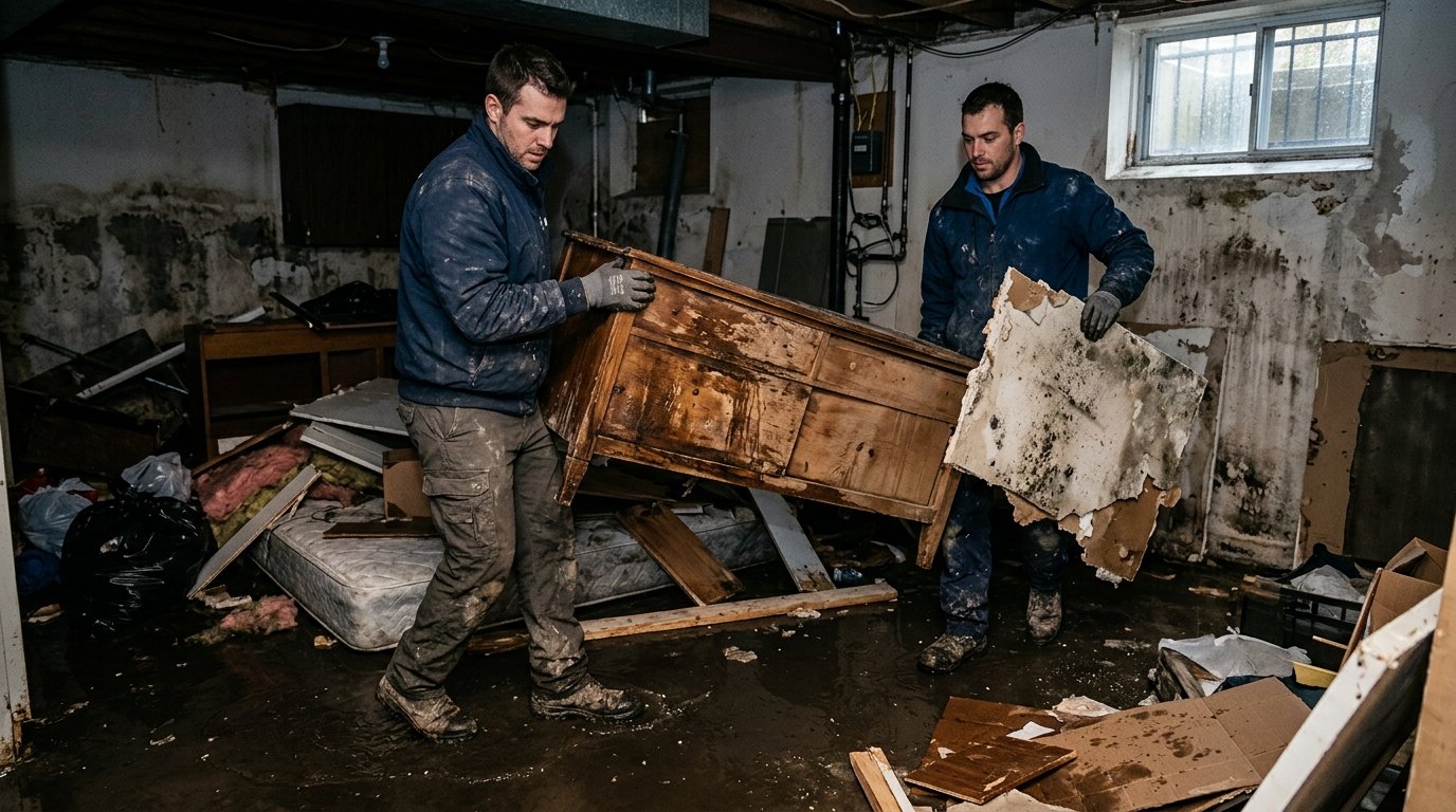Emergency cleanout crew removing water-damaged furniture from a Montreal home after flooding