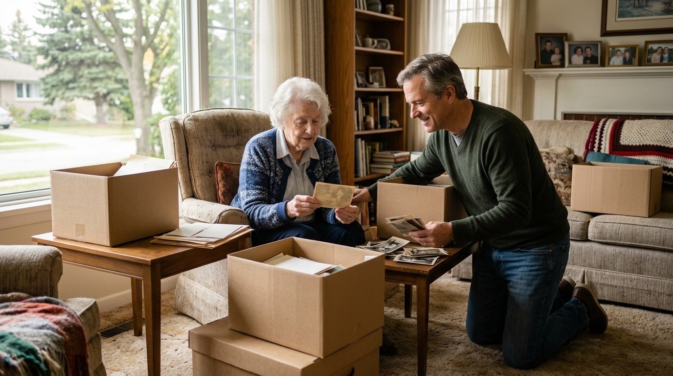 Family belongings carefully sorted during an estate cleanout in a Laval home