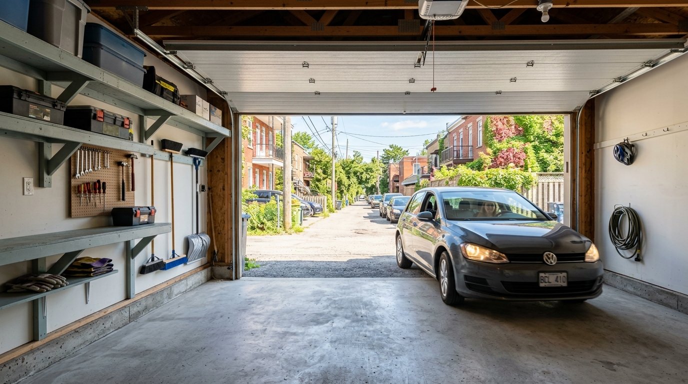 Montreal garage cleared out during a cleanout with car parking space visible again