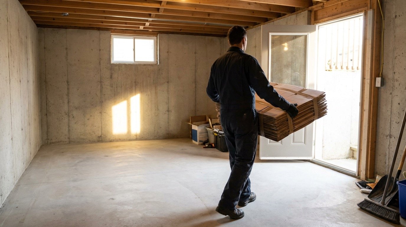 Junk removal crew loading furniture into a truck outside a Montreal home