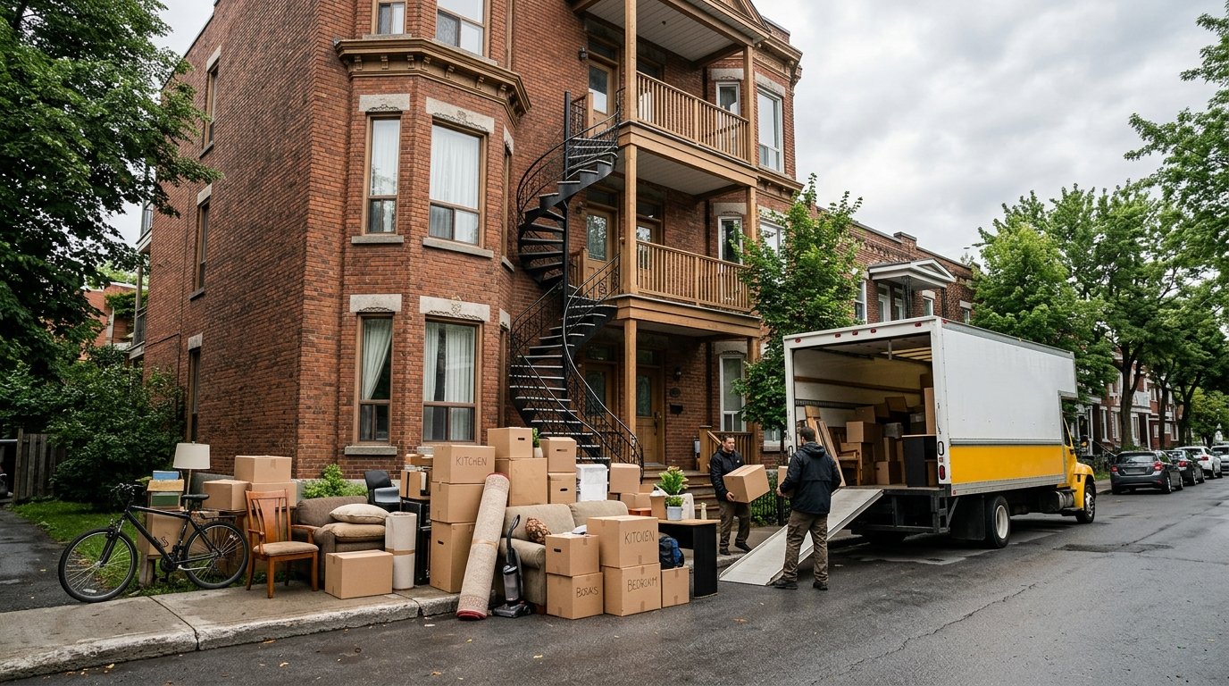 Furniture and boxes piled on the sidewalk outside a Montreal triplex during a move